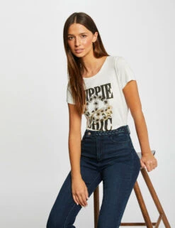 T-shirt Manches Courtes Ă Inscription Ecru Femme