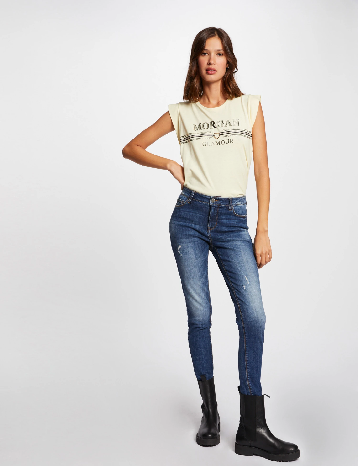 T-shirt Manches Courtes à Inscription Jaune Paille Femme – Image 3