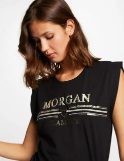 T-shirt Manches Courtes Ă Inscription Noir Femme