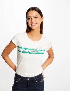 T-shirt Manches Courtes Ă Inscription Vert Moyen Femme