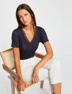 T-shirt Manches Courtes Ă Paillettes Marine Femme