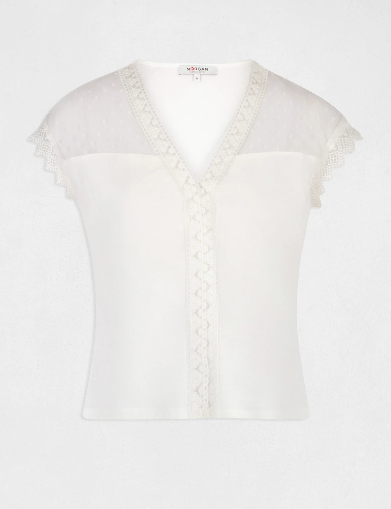 T-shirt Manches Courtes à Plumetis Ecru Femme – Image 4