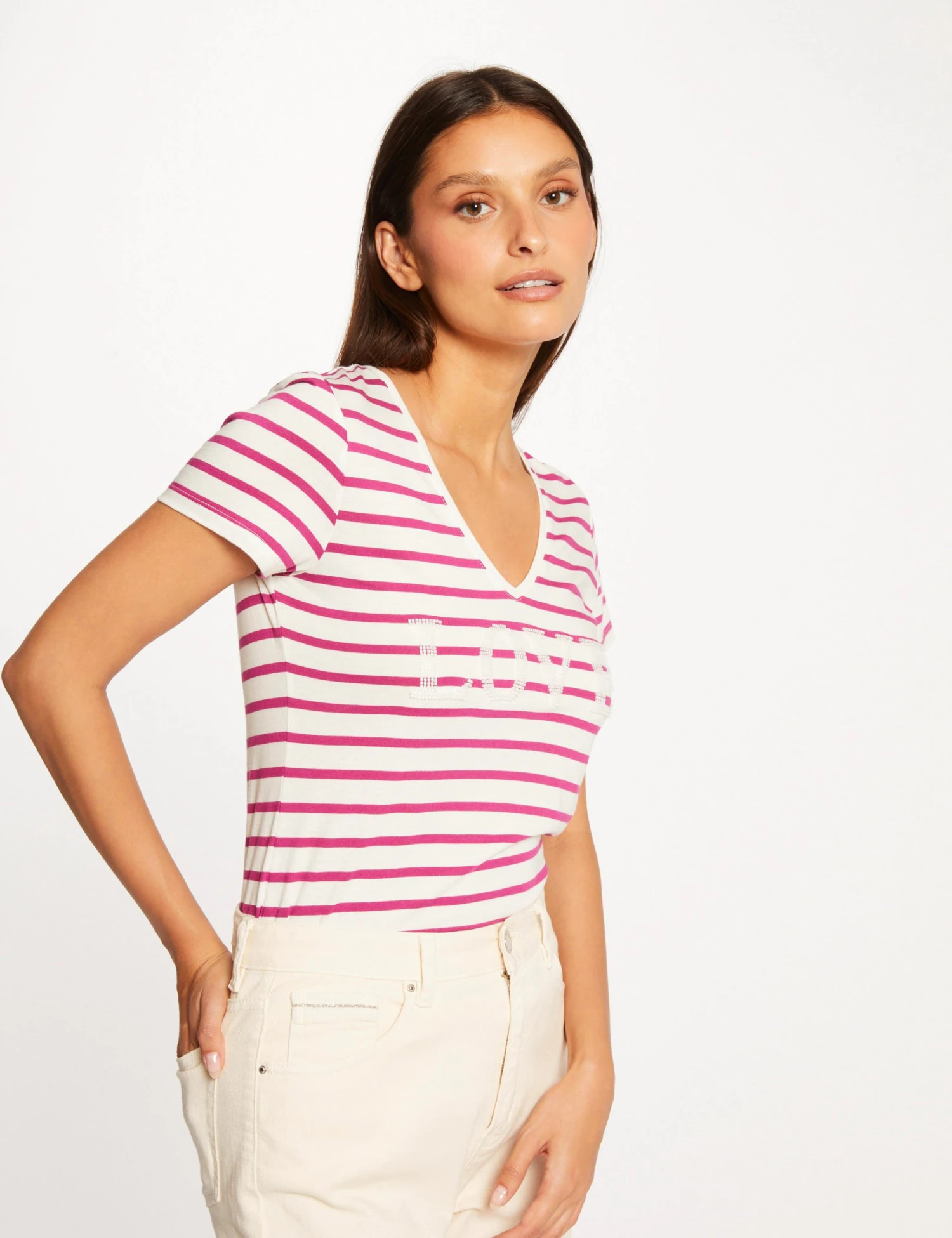 T-shirt Manches Courtes Ă Rayures Framboise Femme