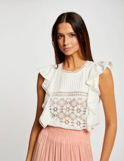 T-shirt Manches Courtes Ă Volants Ecru Femme