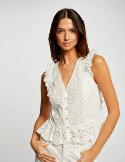 T-shirt Manches Courtes Ă Volants Ecru Femme