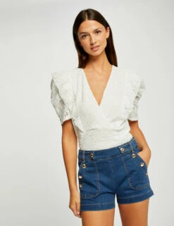 T-shirt Manches Courtes Ă Volants Ecru Femme