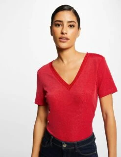 T-shirt Manches Courtes Avec Col En V Framboise Femme