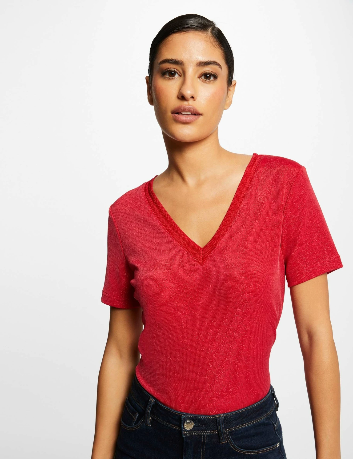 T-shirt Manches Courtes Avec Col En V Framboise Femme