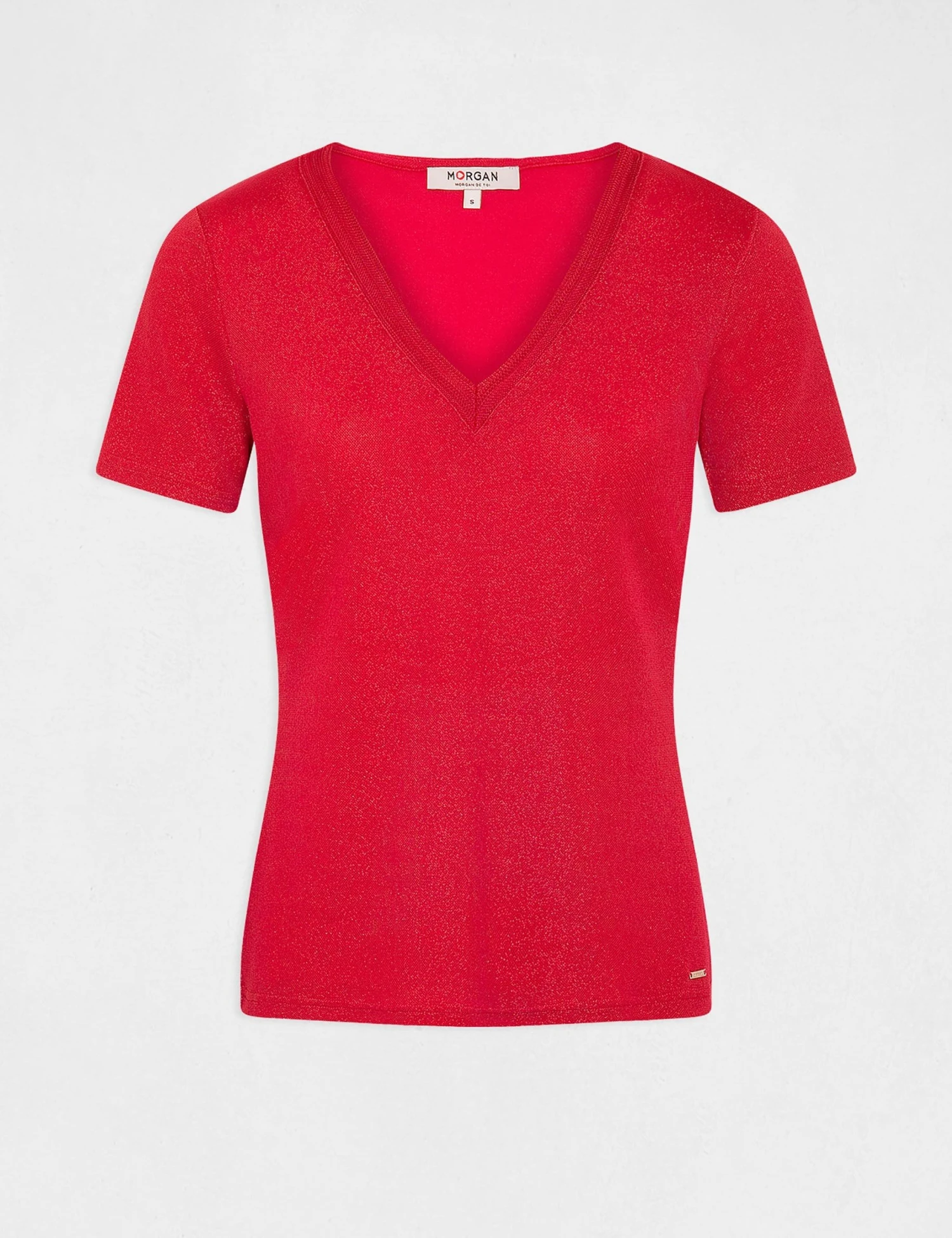 T-shirt Manches Courtes Avec Col En V Framboise Femme – Image 4
