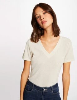 T-shirt Manches Courtes Avec Col En V Ivoire Femme