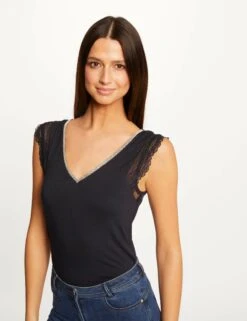 T-shirt Manches Courtes Avec Dentelle Marine Femme