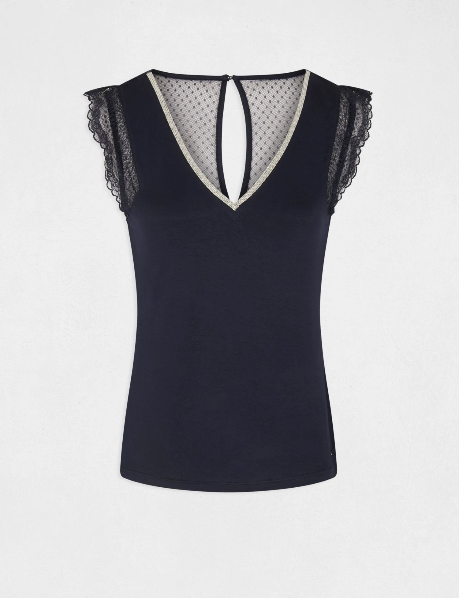 T-shirt Manches Courtes Avec Dentelle Marine Femme – Image 4