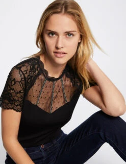 T-shirt Manches Courtes Avec Dentelle Noir Femme