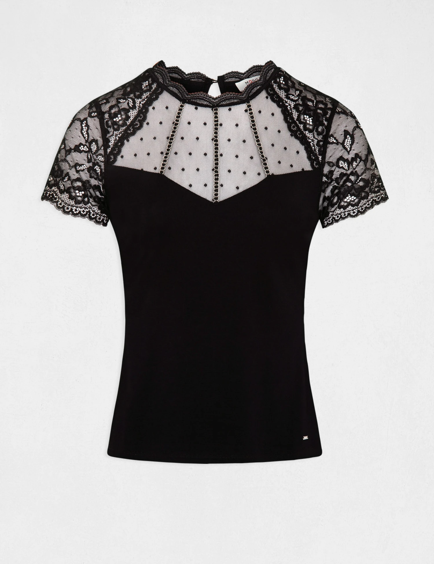 T-shirt Manches Courtes Avec Dentelle Noir Femme – Image 4