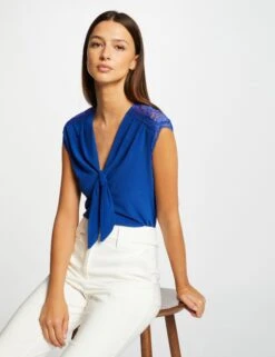 T-shirt Manches Courtes Avec Noeud Bleu Electrique Femme