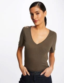 T-shirt Manches Courtes Avec Ornements Vert Kaki Femme