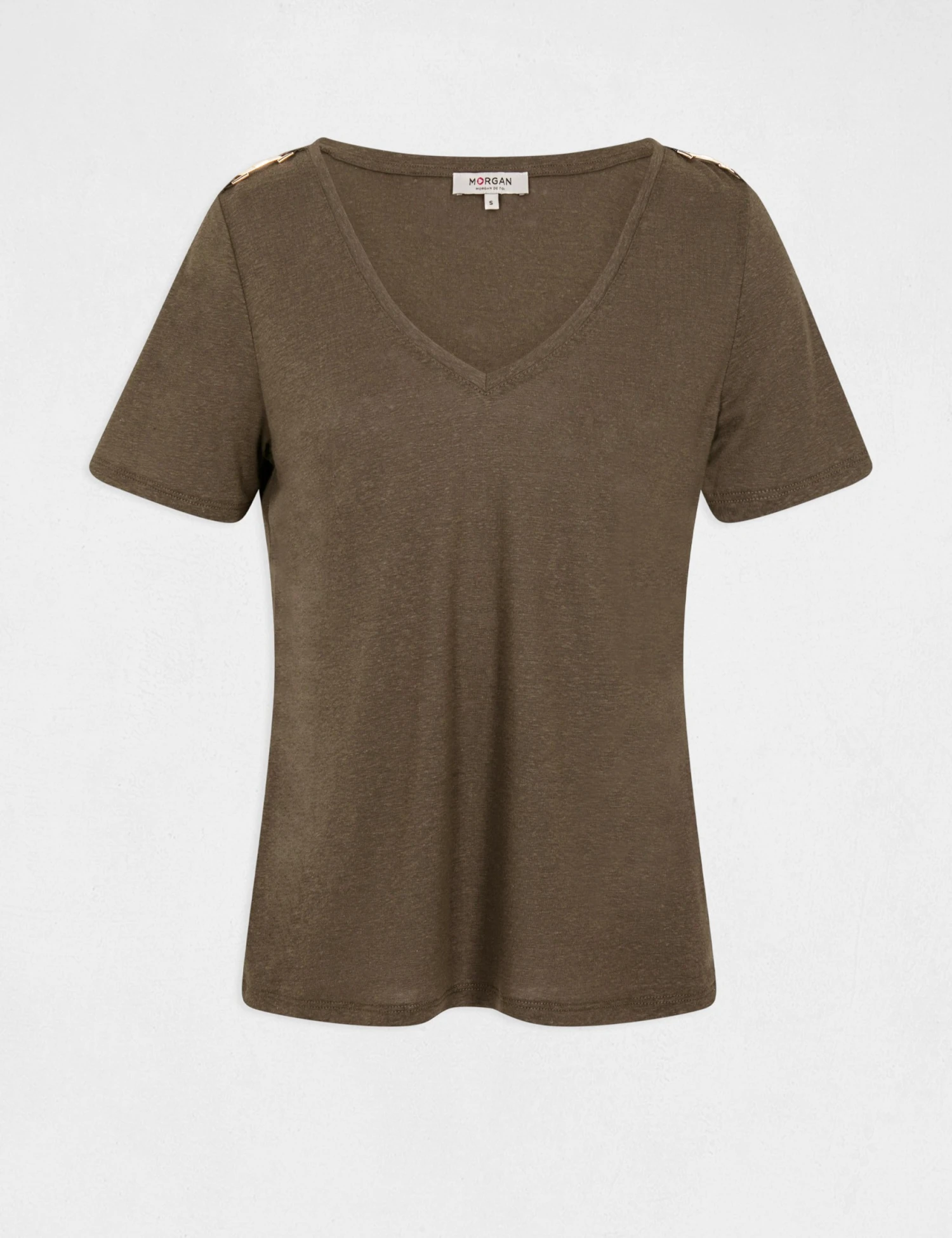 T-shirt Manches Courtes Avec Ornements Vert Kaki Femme – Image 4