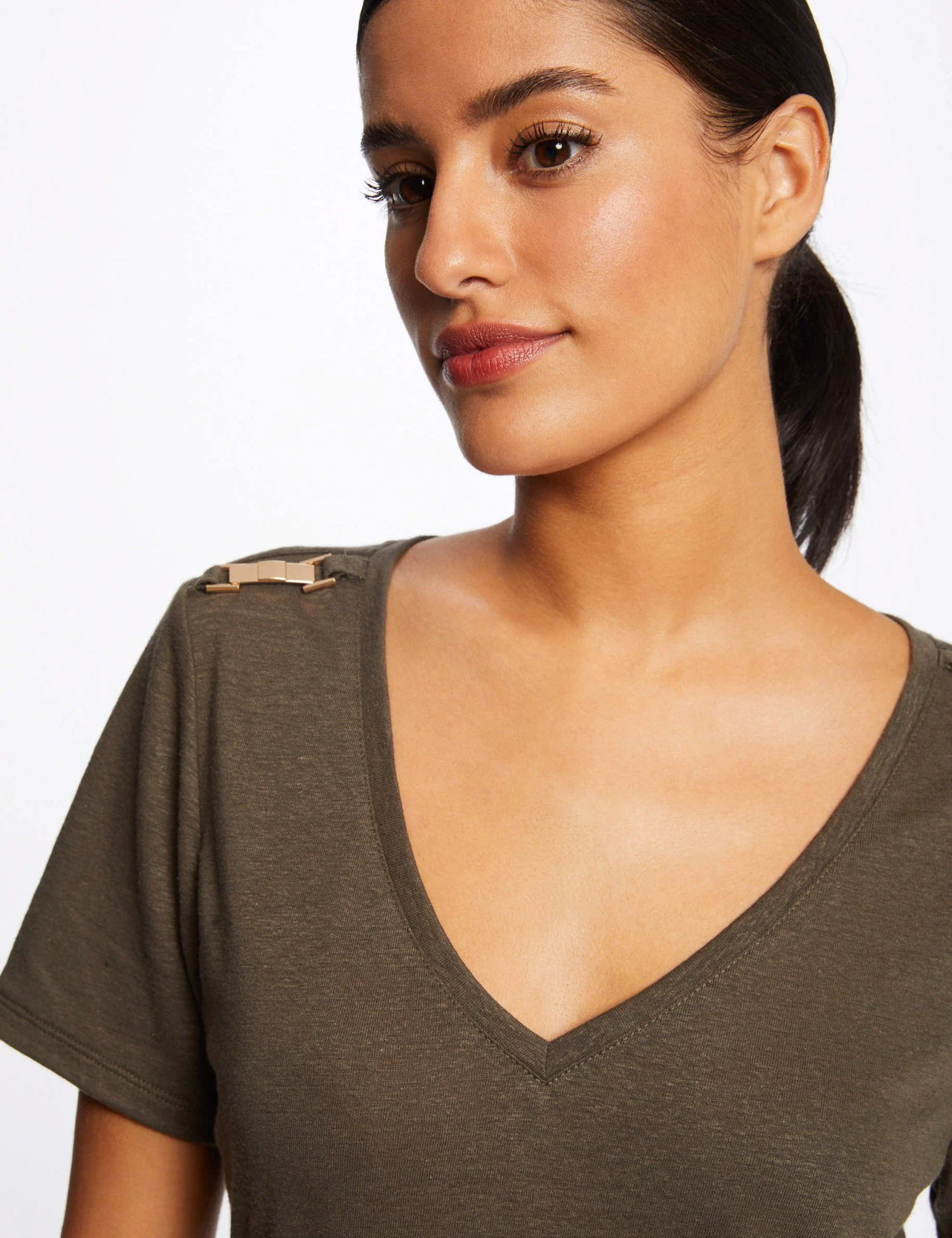 T-shirt Manches Courtes Avec Ornements Vert Kaki Femme – Image 5