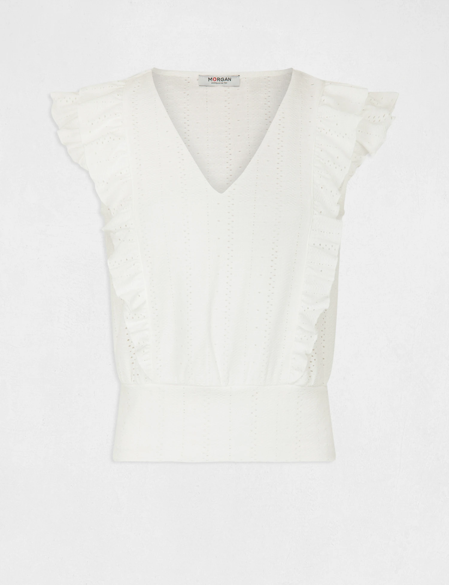 T-shirt Manches Courtes Brodé à Volants Ecru Femme – Image 4