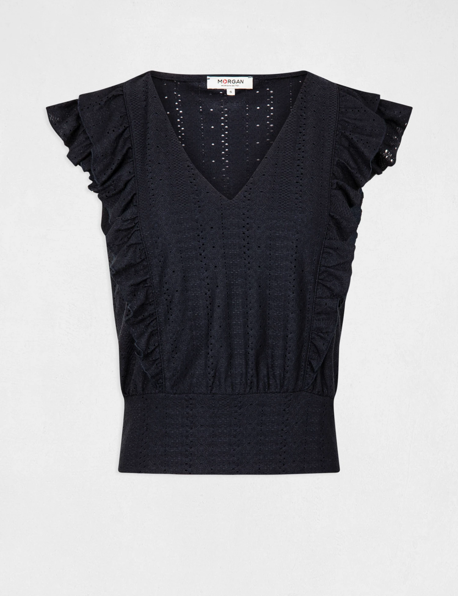 T-shirt Manches Courtes Brodé à Volants Marine Femme – Image 4