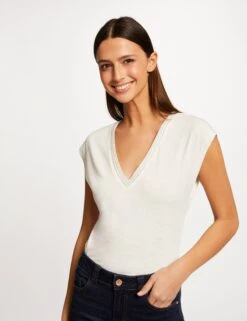 T-shirt Manches Courtes Col En V Ecru Femme