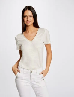 T-shirt Manches Courtes Col En V Ecru Femme
