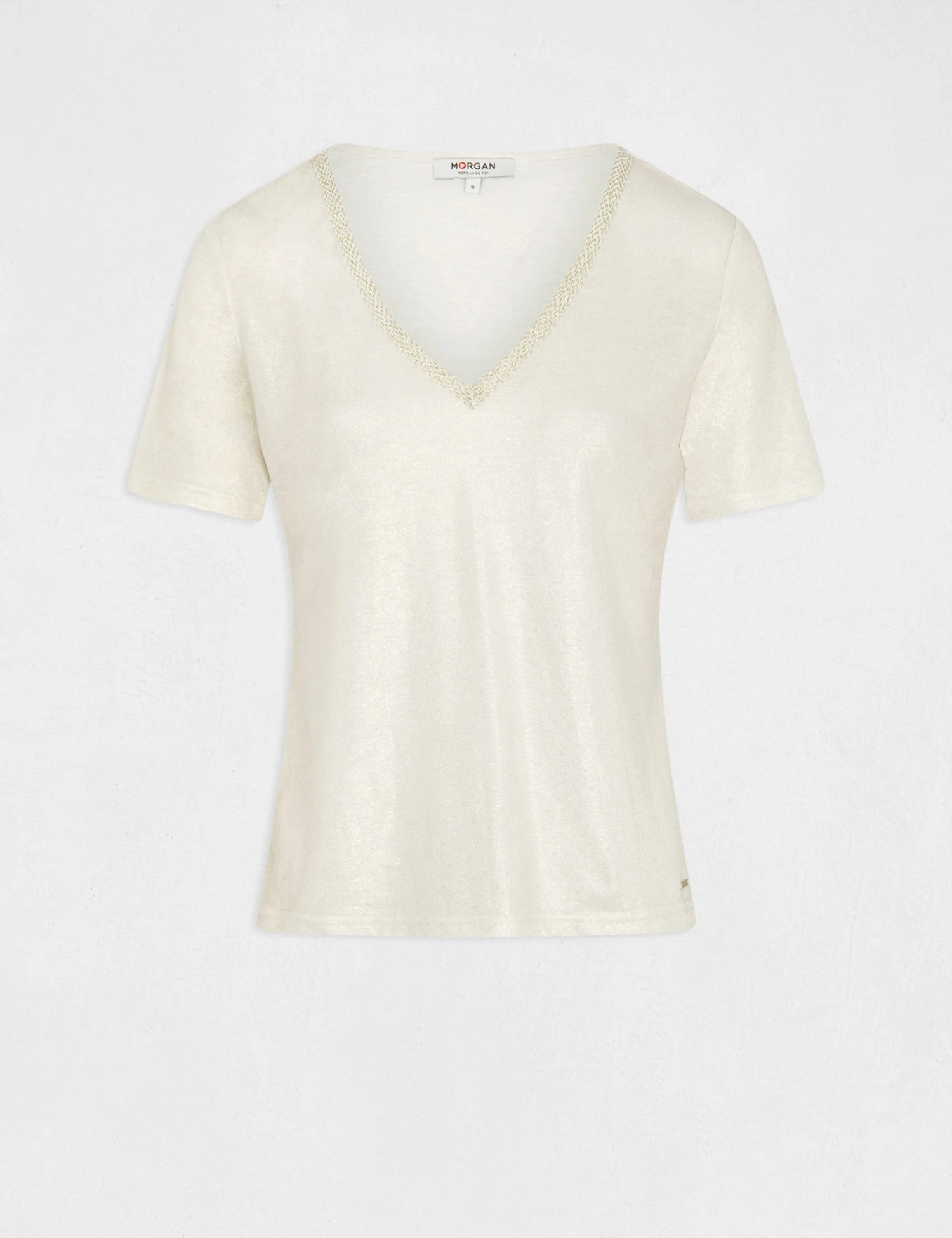 T-shirt Manches Courtes Col En V Ecru Femme – Image 4