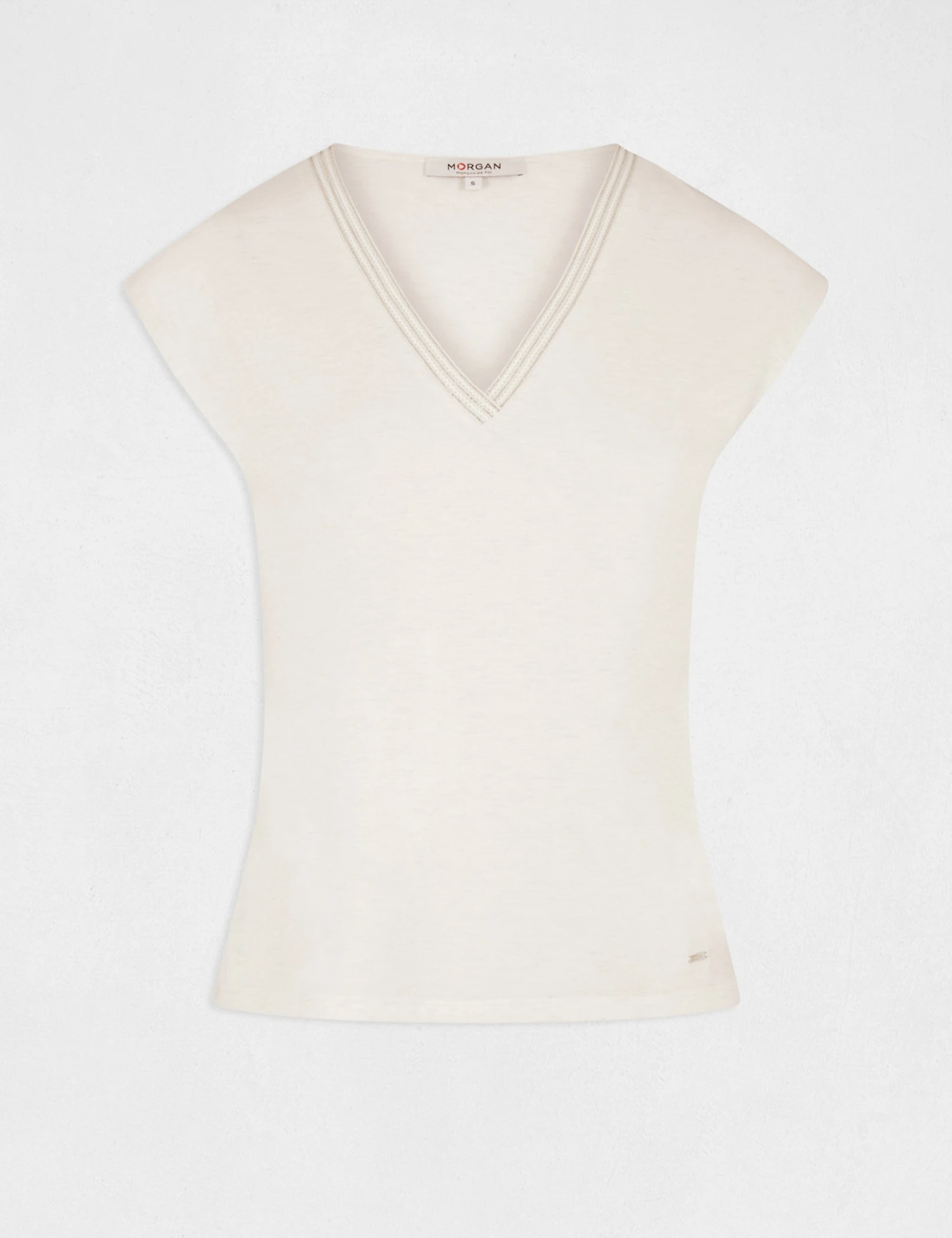 T-shirt Manches Courtes Col En V Ecru Femme – Image 4