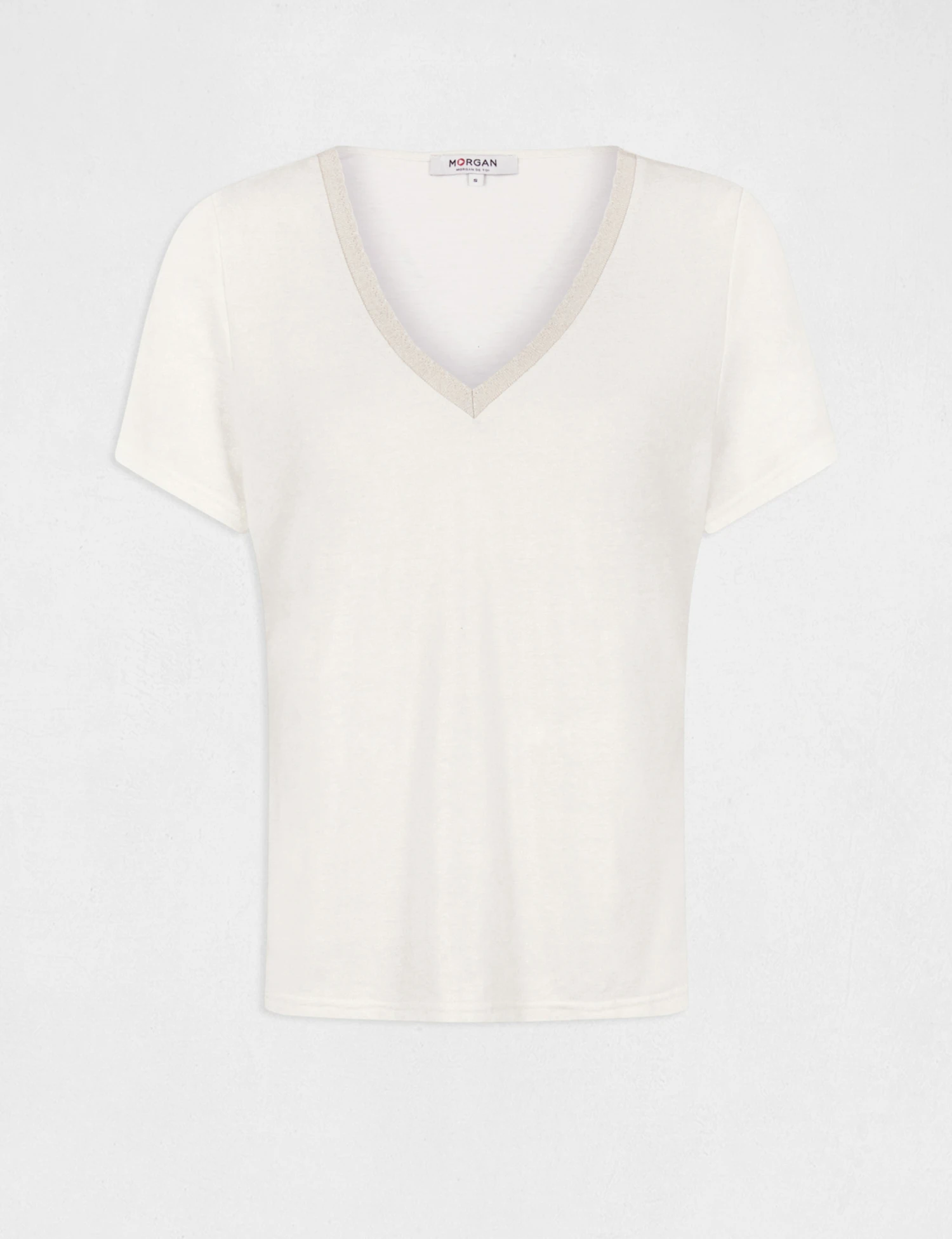 T-shirt Manches Courtes Col En V Ecru Femme – Image 5