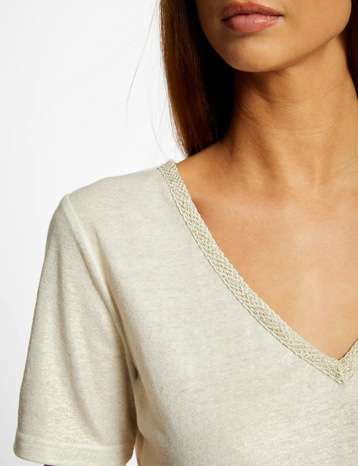 T-shirt Manches Courtes Col En V Ecru Femme – Image 5