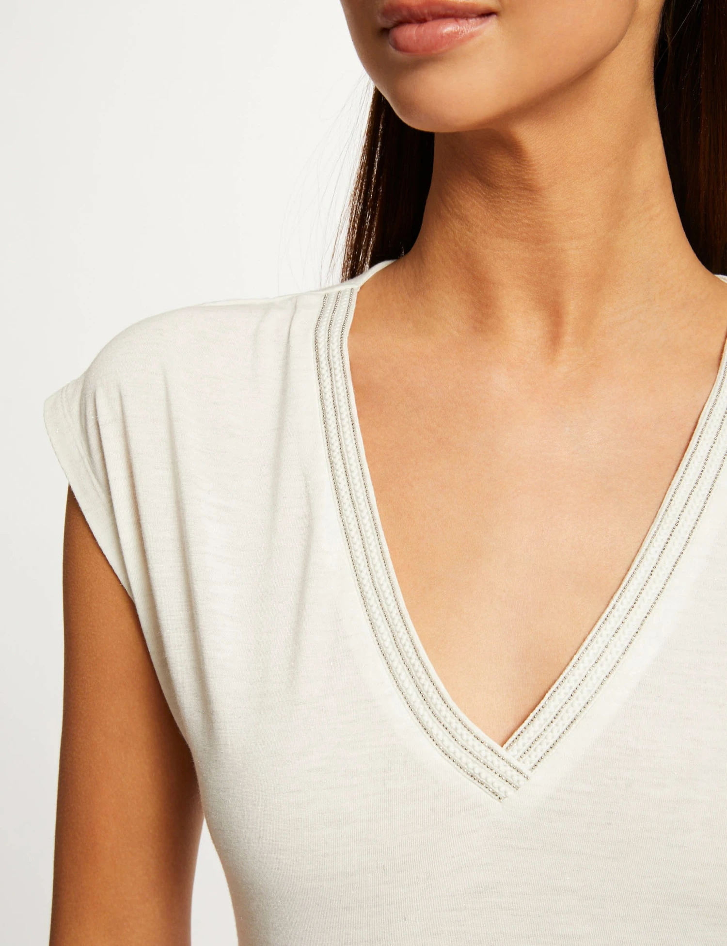 T-shirt Manches Courtes Col En V Ecru Femme – Image 5