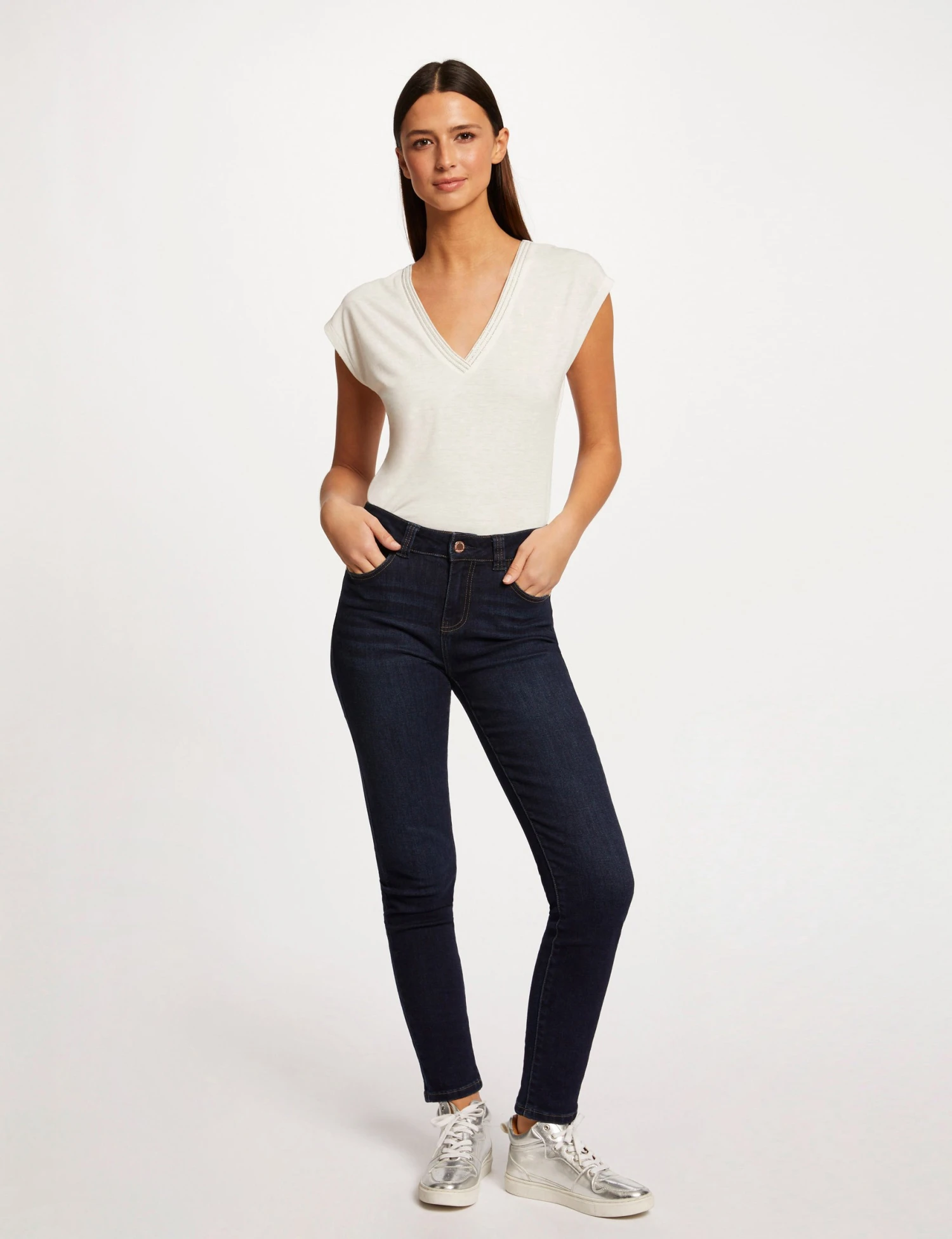 T-shirt Manches Courtes Col En V Ecru Femme – Image 3