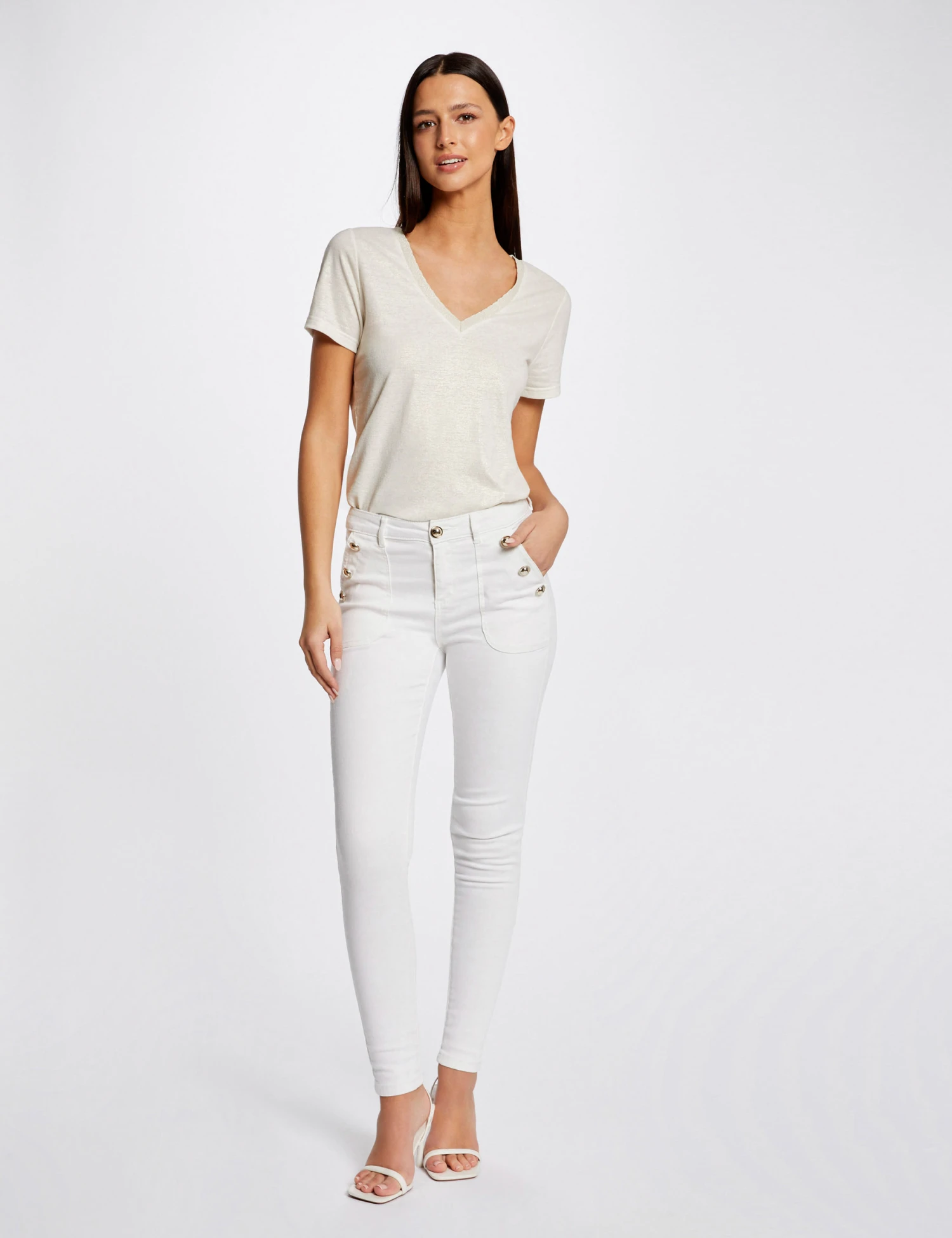 T-shirt Manches Courtes Col En V Ecru Femme – Image 4