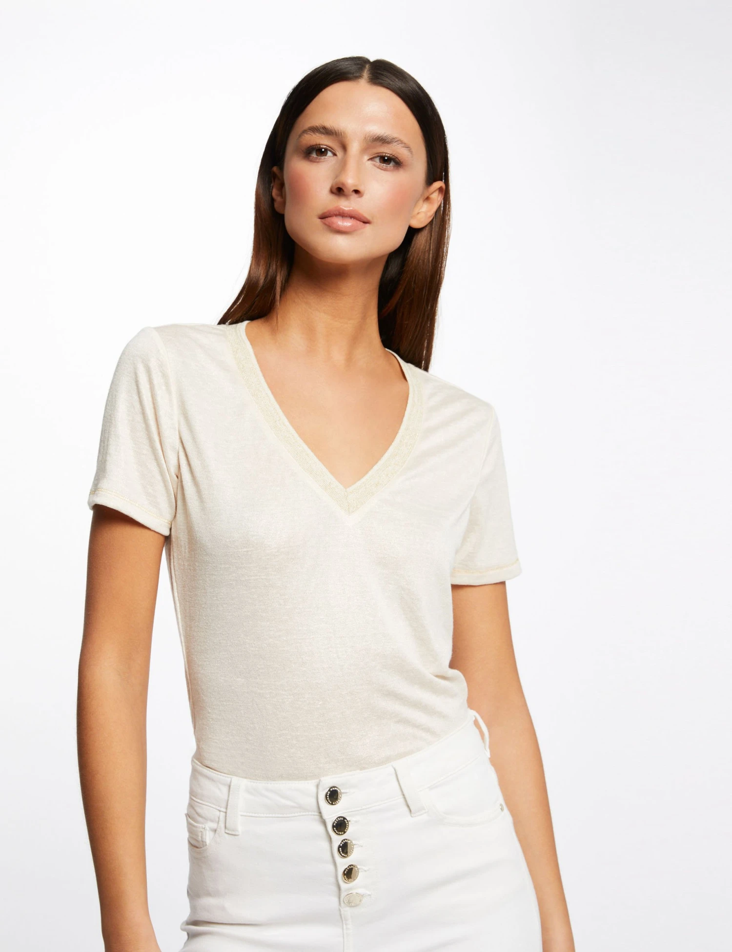T-shirt Manches Courtes Col En V Ivoire Femme