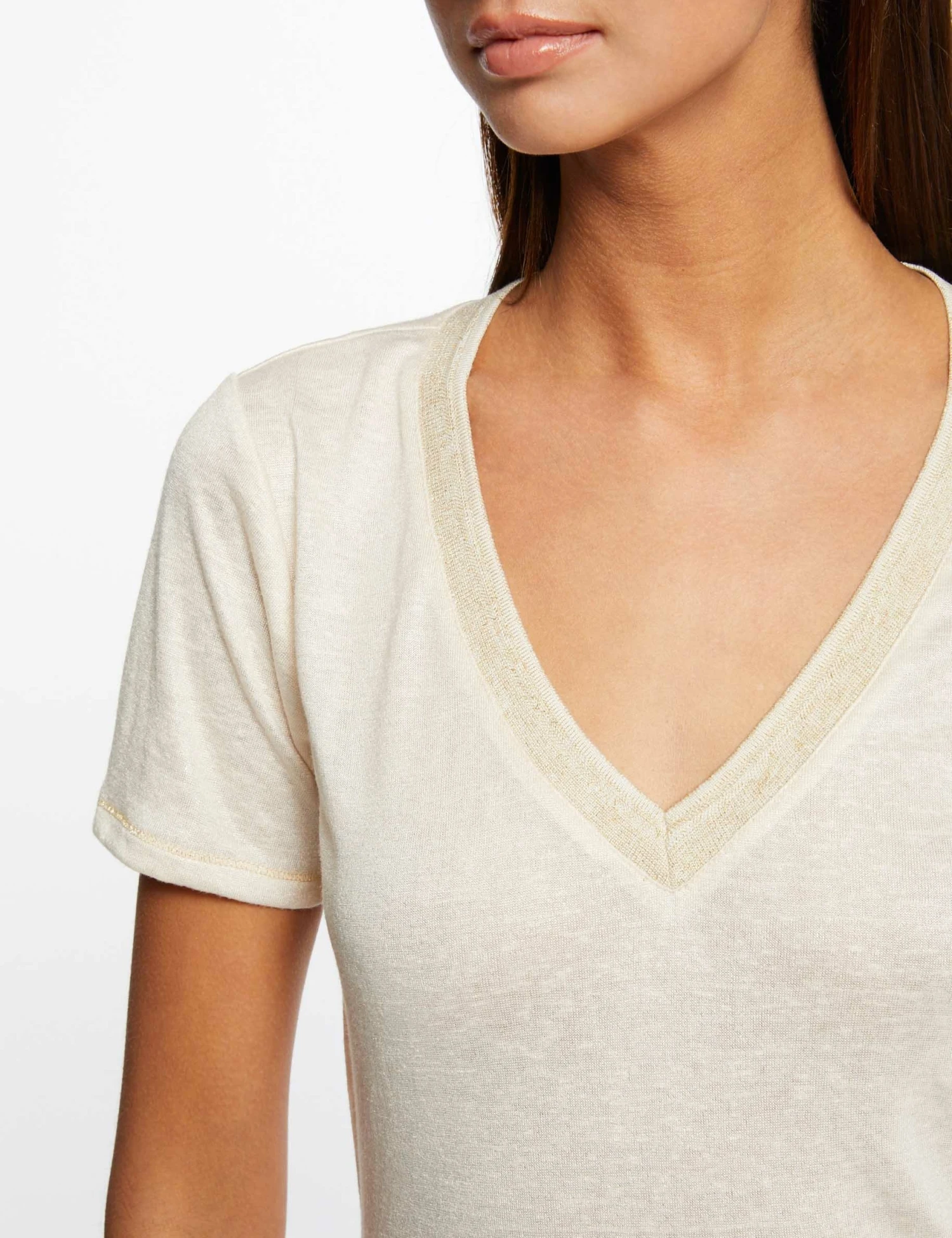 T-shirt Manches Courtes Col En V Ivoire Femme – Image 5