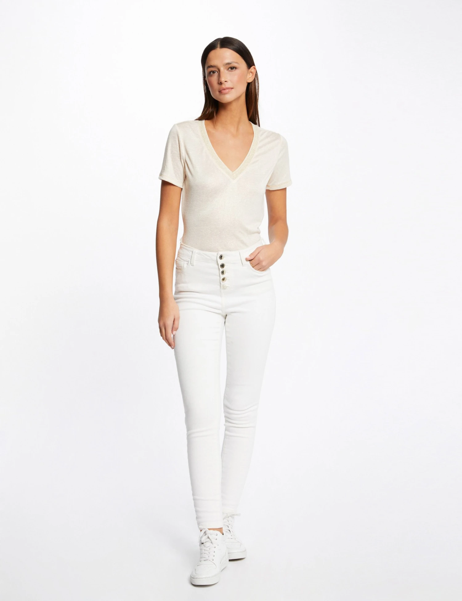 T-shirt Manches Courtes Col En V Ivoire Femme – Image 3