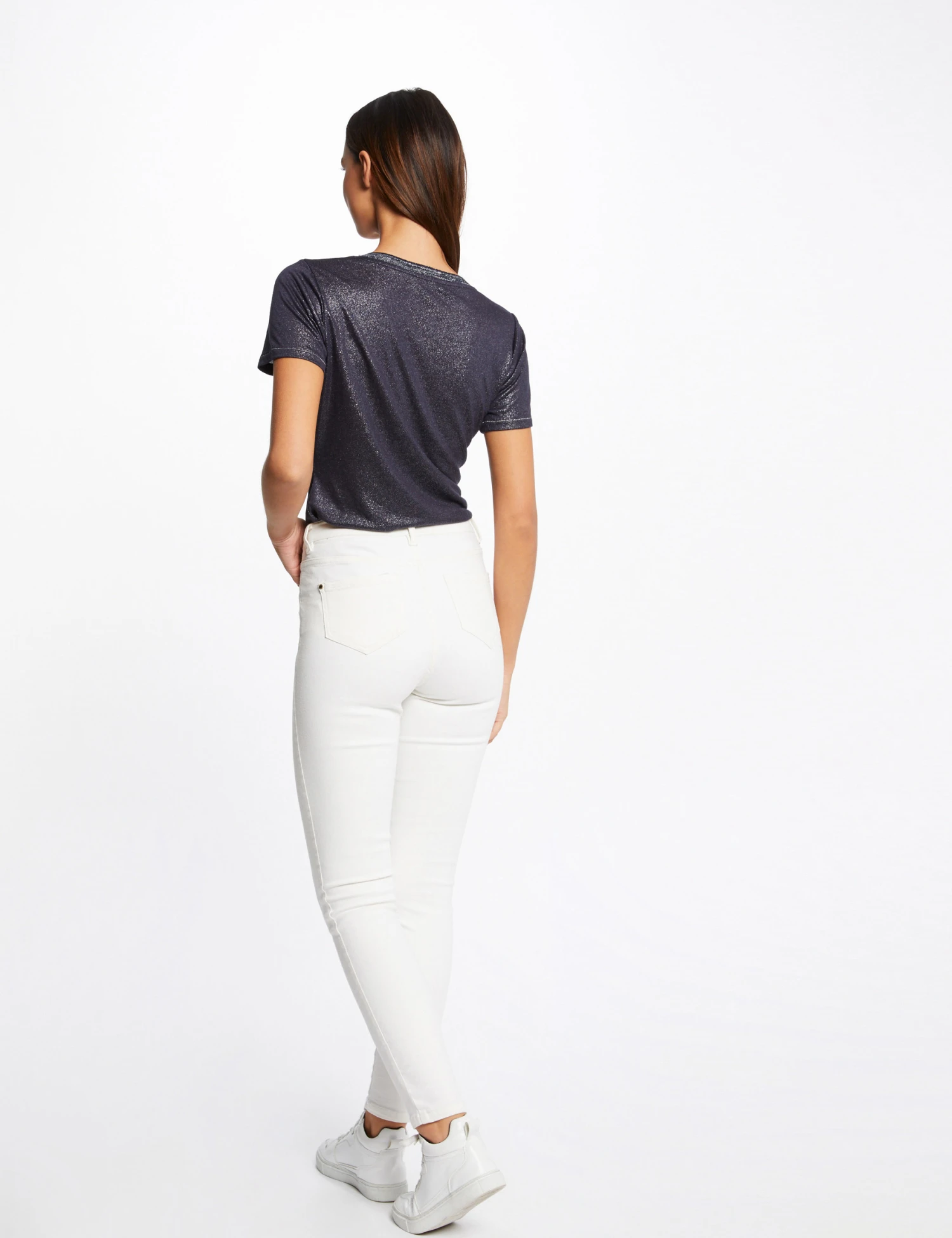 T-shirt Manches Courtes Col En V Marine Femme – Image 2