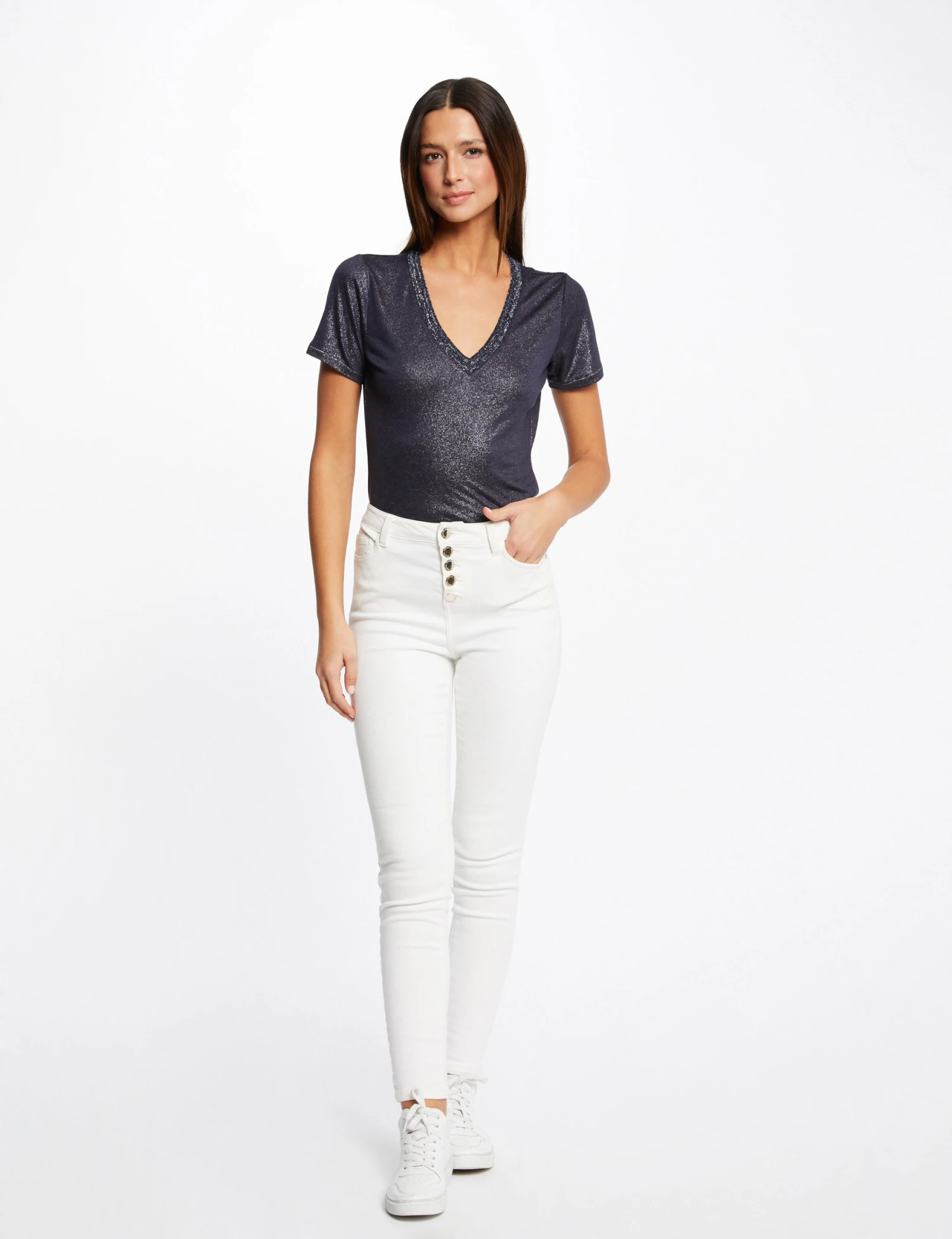 T-shirt Manches Courtes Col En V Marine Femme – Image 3