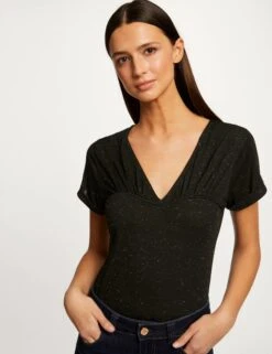 T-shirt Manches Courtes Col En V Noir Femme