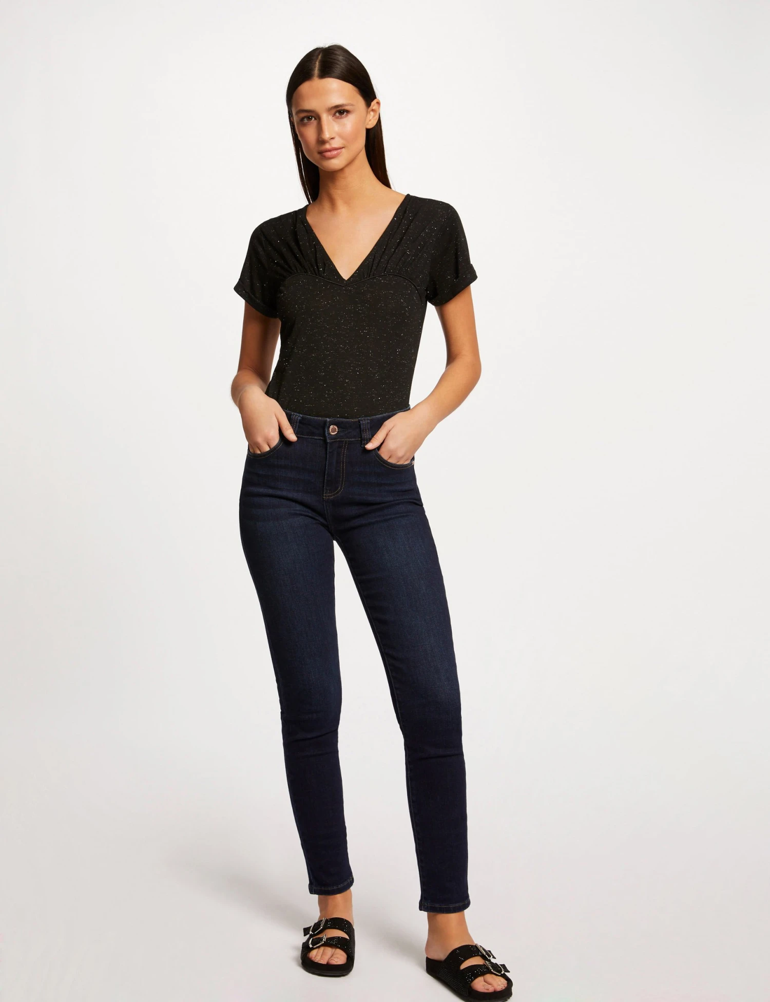 T-shirt Manches Courtes Col En V Noir Femme – Image 3