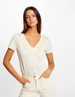 T-shirt Manches Courtes Fils Métallisés Ivoire Femme