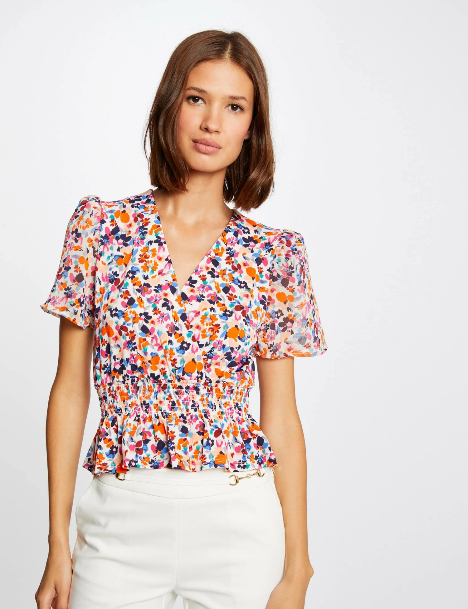 T-shirt Manches Courtes Imprimé Floral Ecru Femme