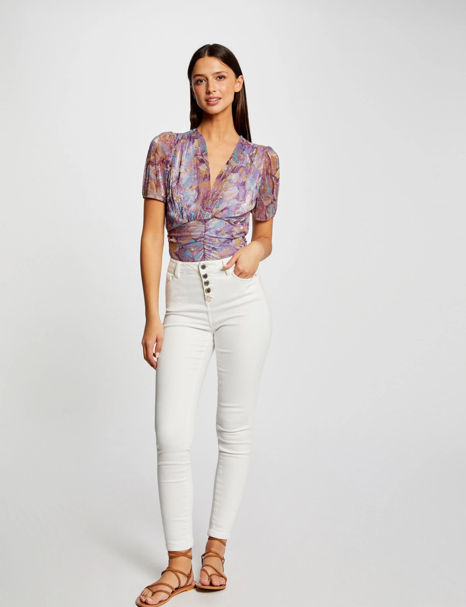 T-shirt Manches Courtes Imprimé Floral Violet Femme – Image 3