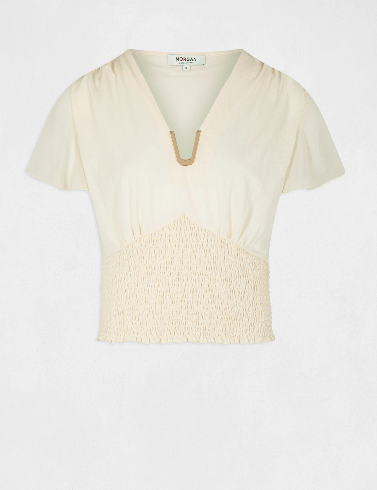 T-shirt Manches Courtes Smocké Ecru Moyen Femme – Image 4