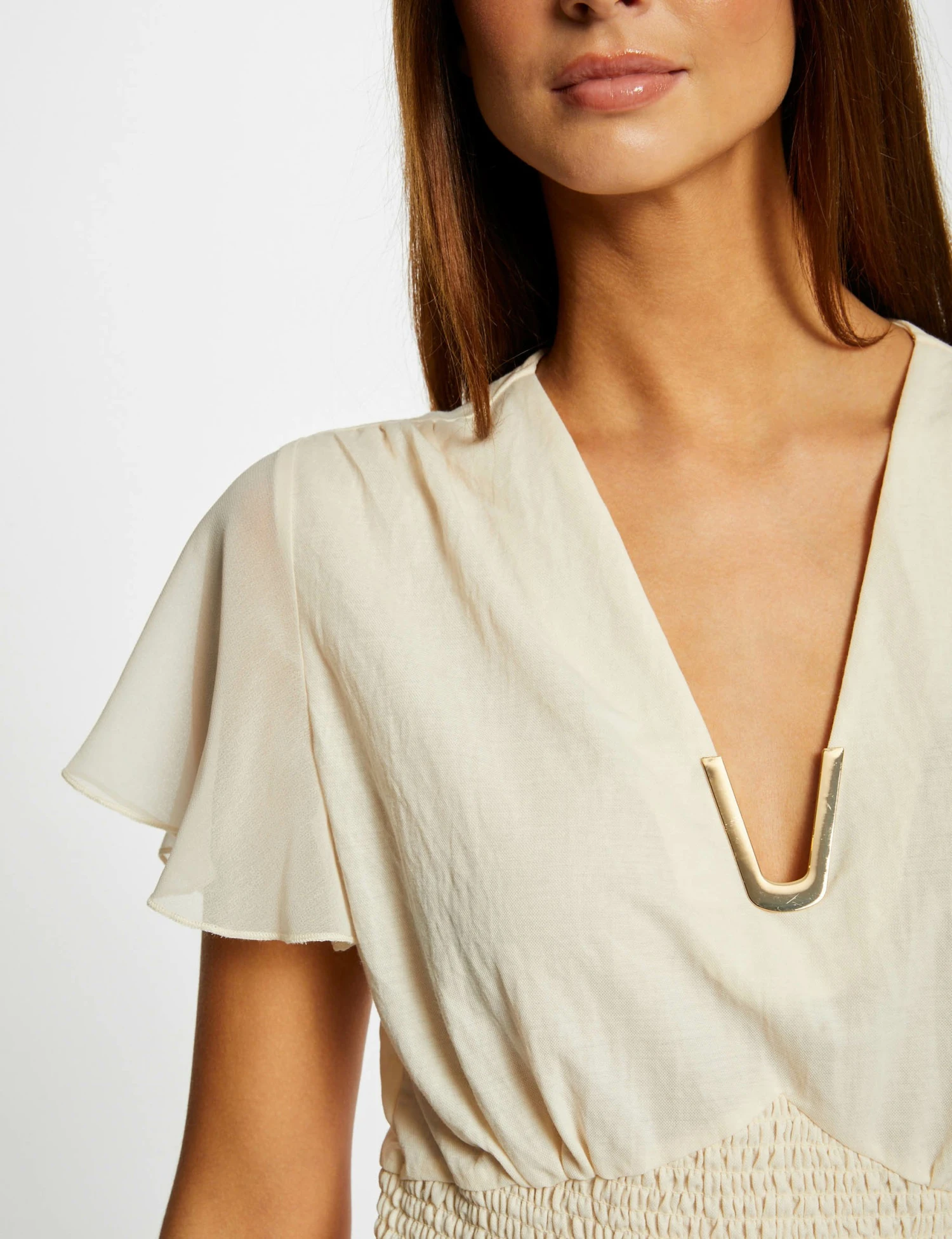 T-shirt Manches Courtes Smocké Ecru Moyen Femme – Image 5