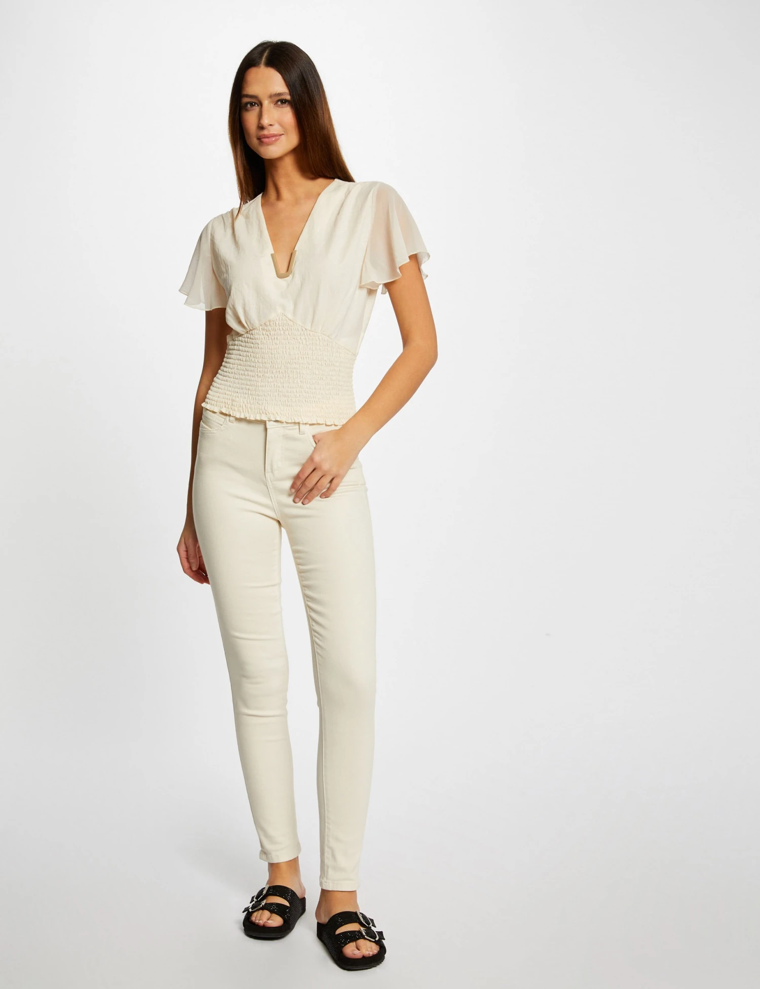 T-shirt Manches Courtes Smocké Ecru Moyen Femme – Image 3