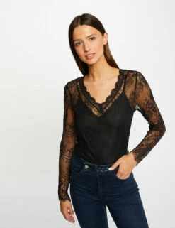 T-shirt Manches Longues Ă Dentelle Noir Femme