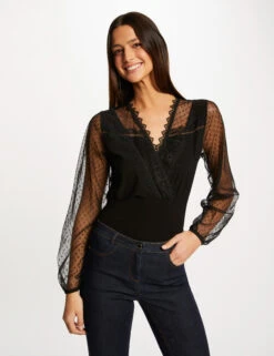 T-shirt Manches Longues Ă Plumetis Noir Femme