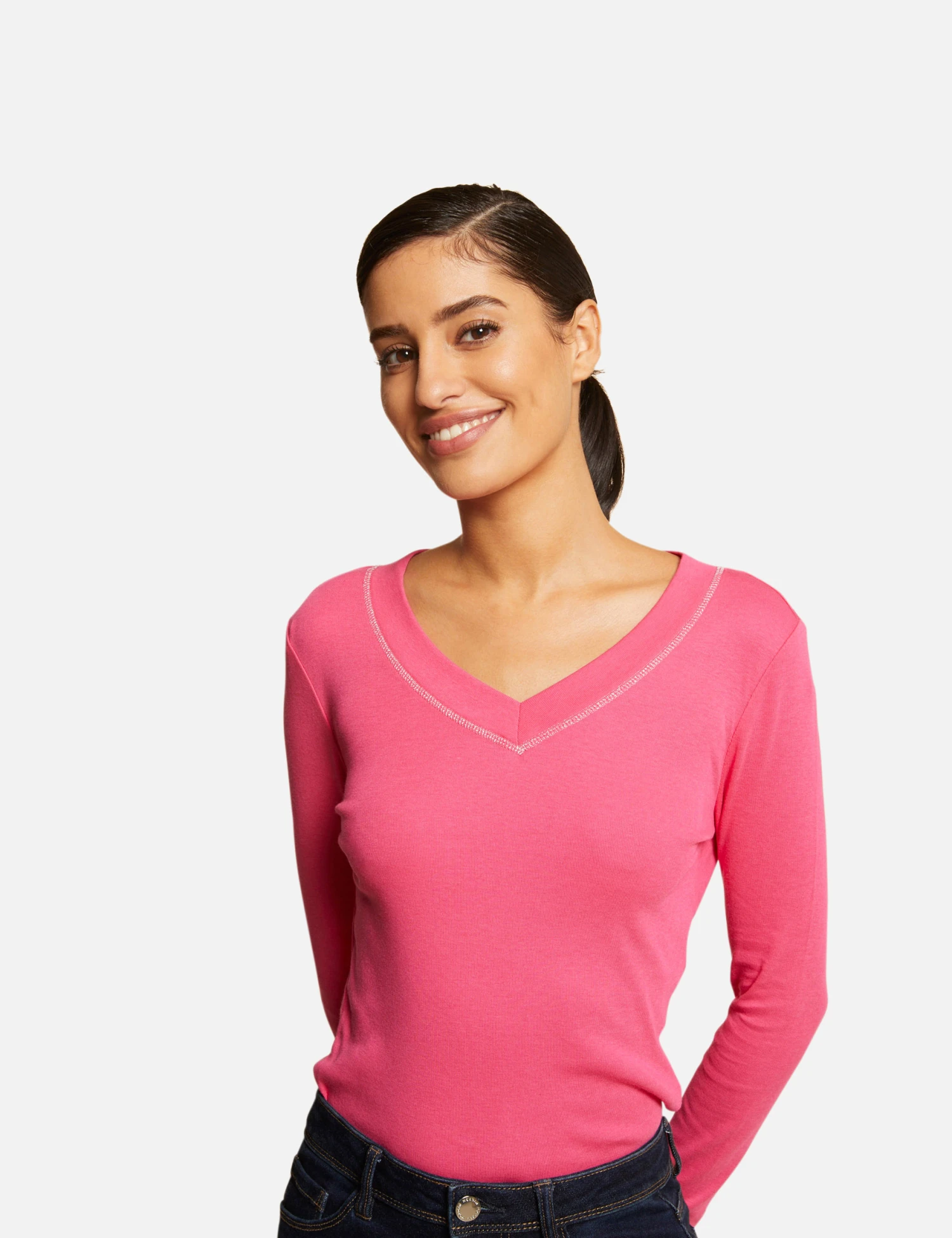 T-shirt Manches Longues Avec Col En V Fuchsia Femme