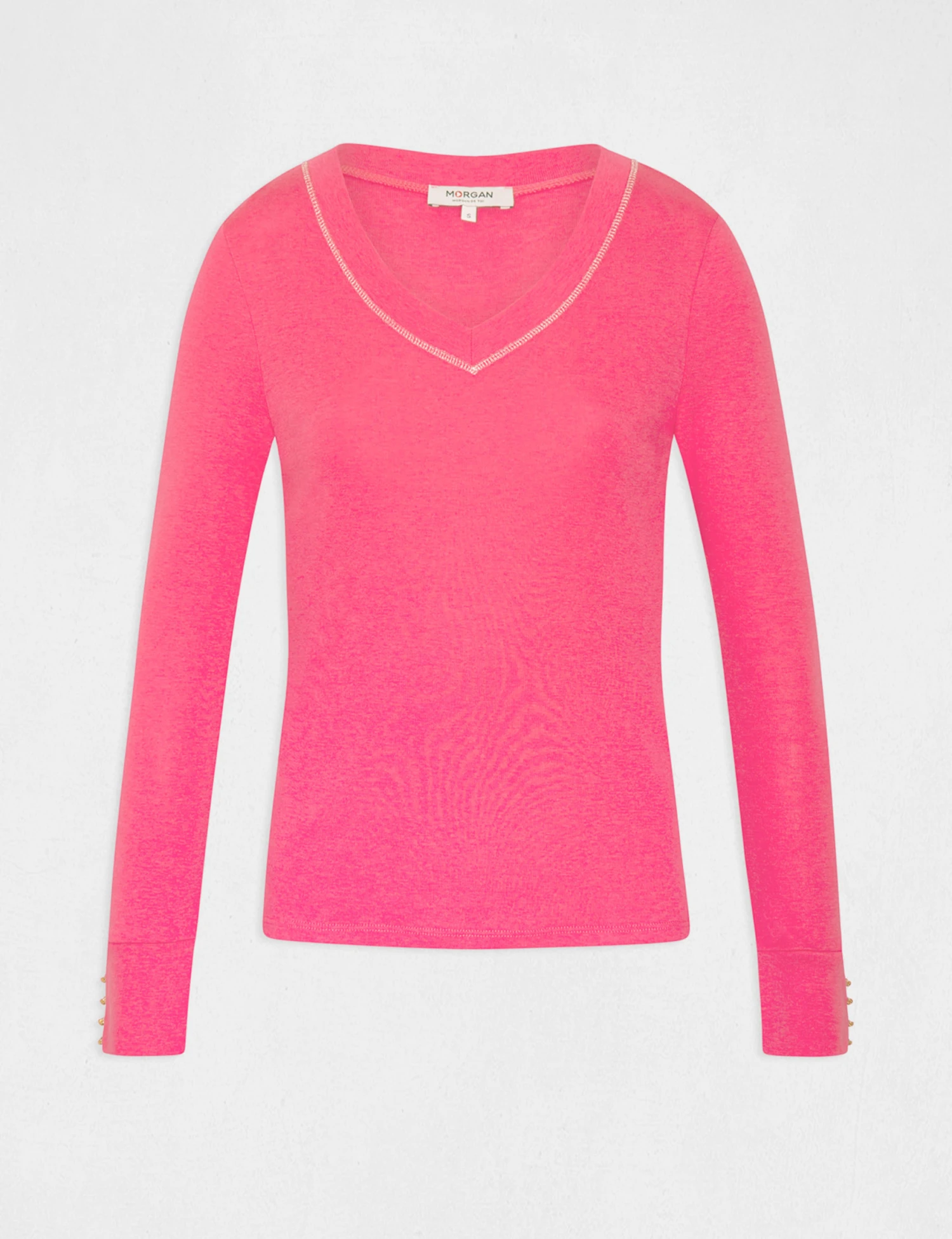 T-shirt Manches Longues Avec Col En V Fuchsia Femme – Image 4